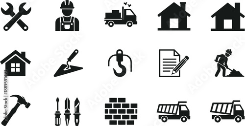 Construction and home repair icons silhouettes vector set with tools, workers, trucks, houses, documents, and building symbols for industry, renovation, and real estate design projects