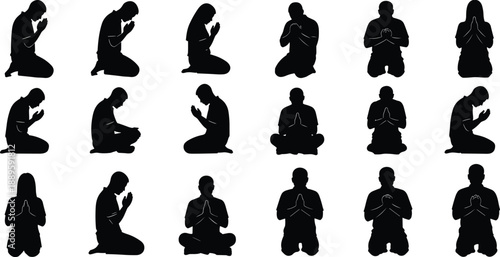 Prayer silhouette collection of men and women, kneeling worship poses, spiritual meditation figures isolated on white background