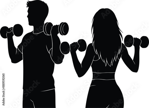Male and female fitness silhouettes vector illustration lifting dumbbells, athletic workout training figures design for gym, health, wellness, and sports motivation projects