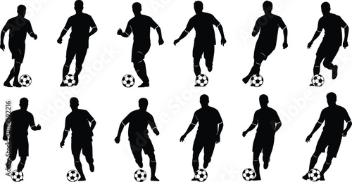 PrintSoccer player silhouette set, football dribbling action poses, athlete movement icons, black vector illustration, sport training collection design elementsSoccer player 