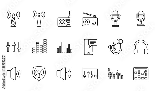 Modern thin-line radio and audio icons set of 16 editable vectors