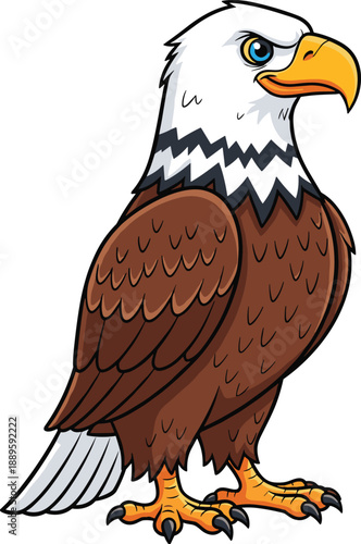 Cartoon bald eagle illustration, majestic bird of prey character standing proud, patriotic wildlife mascot for education logo sticker and vector design