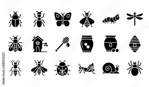 insect, insects, bug, bugs, beetle, butterfly, ant, caterpillar, dragonfly, bee, beehouse, honey, honeycomb, fly, mosquito, ladybug, grasshopper, spider, snail, moth, worm, filled, solid, icon, icons,