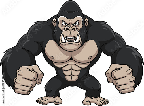 Angry muscular gorilla cartoon illustration facing forward, powerful wild ape mascot character design for sports teams, gaming logos, strength themed vector artwork