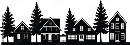 Printsuburban houses silhouette, residential neighborhood, family homes, evergreen trees, community living, architectural design, real estate concept