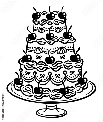 Three Tier Celebration Cake with Cherry Topping and Cream Decoration, Chocolate Sponge Cake with Berry Filling