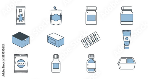Assortment of medicine containers and packaging icons
