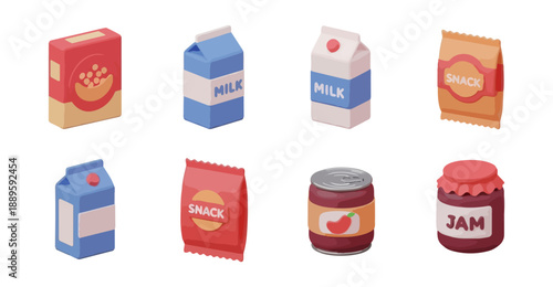Assortment of packaged food items and beverages illustration