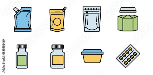 Assortment of packaging and containers in graphic style against black background