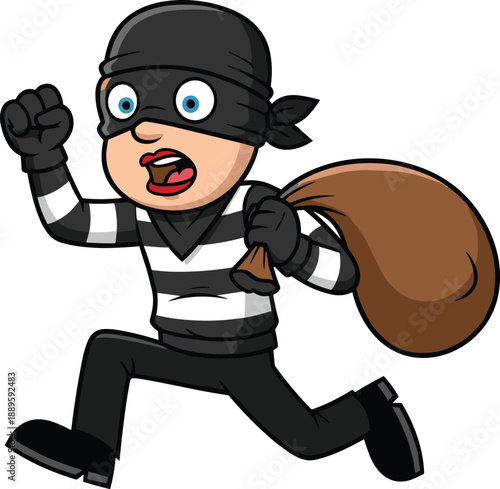 Cartoon burglar running with sack, thief character illustration, masked man in striped shirt, crime concept, funny robbery scene, vector design