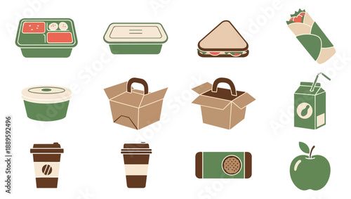 Assortment of takeaway food items displayed against a black background
