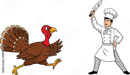 Cartoon chef chasing turkey illustration, funny kitchen character with knife and running bird for restaurant humor cooking concept vector design