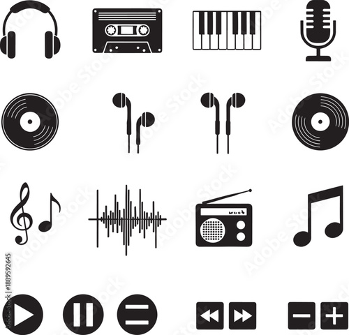Music icons collection: headphones, cassette, piano, microphone, vinyl