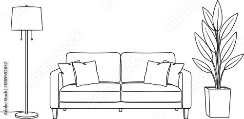 Living room interior line art vector illustration with sofa, floor lamp, and potted plant, minimal home decor outline design for architecture and modern interior projects