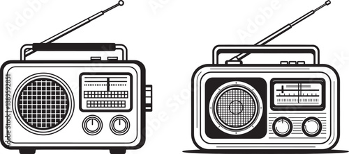 Retro radio receiver with antenna, vintage broadcast device