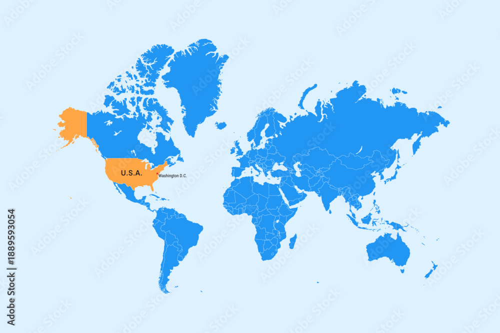 Fototapeta premium World Map, highlighted to USA, United States of America, with Washington DC capital city and country border. 