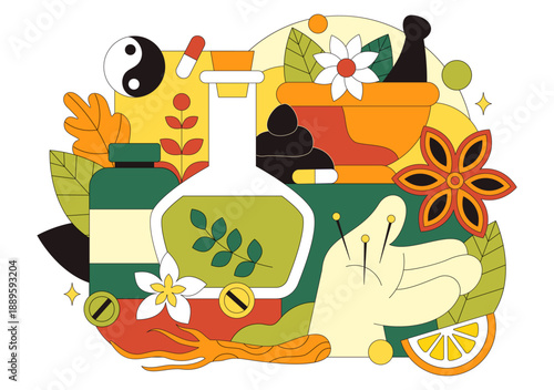 Alternative Medicine And Herbal Healing Vector Illustration With Energy Therapies, Ginseng Root, Essential Oils, Seeds Background