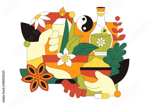 Alternative Medicine And Herbal Healing Vector Illustration With Energy Therapies, Ginseng Root, Essential Oils, Seeds Background