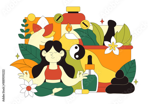 Alternative Medicine And Herbal Healing Vector Illustration With Energy Therapies, Ginseng Root, Essential Oils, Seeds Background