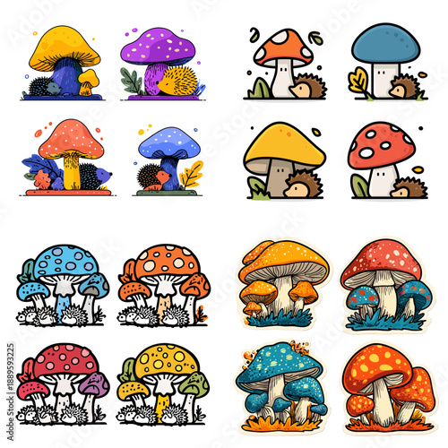 Cute cartoon illustration set of colorful mushrooms with playful characters. Whimsical fungi collection ideal for kids design stickers games and fantasy projects.