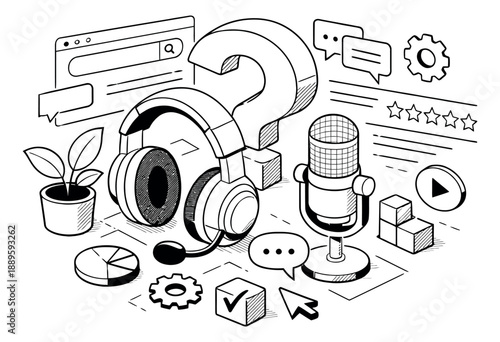 Hand drawn isometric line art digital services icons set featuring headphones, microphone, question mark, and online elements for customer support, podcasting, and e-learning