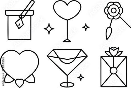 Collection of romantic and celebratory icons: a paint bucket, martini glass, flower, heart, diamond, and gift box