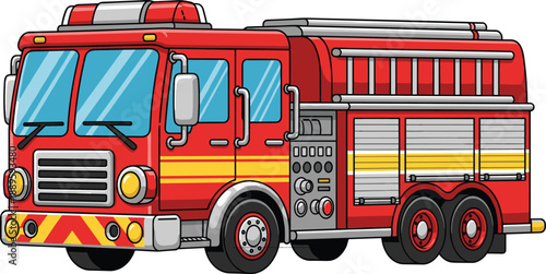 Cartoon fire truck vector illustration with red emergency vehicle design, detailed rescue transport for firefighting services, safety education, kids projects, and creative branding