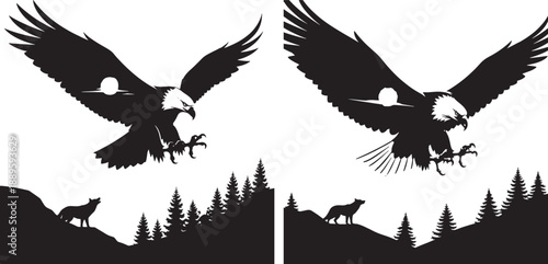 Silhouette of a flying eagle and a wolf on a mountain, with pine trees and moon, representing freedom and wildness.