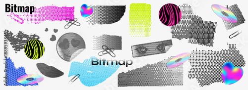Trendy Y2K digital sticker set with dithered bitmap textures. Retro pixel art collection featuring holographic hearts, CDs, and techno shapes. Cyberpunk style vector for modern graphic design.
