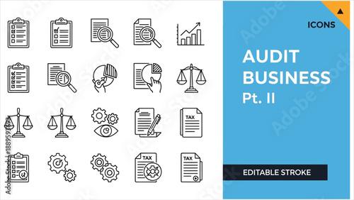 Business Audit Line Icons Set, Check and Quality Control Editable Stroke.eps