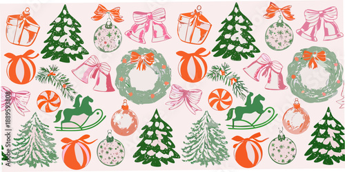 Festive christmas patterns with gifts trees wreaths and holiday ornaments