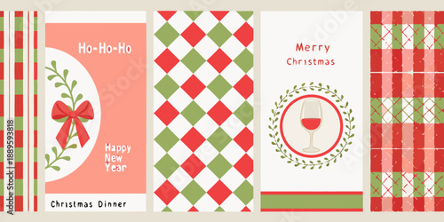 Festive christmas cards with red and green plaid patterns and holiday greetings