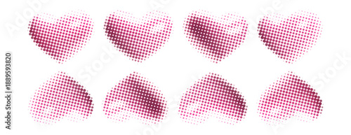 Set of different shaped hearts with halftone effect. Monochrome, pop art style dotted hearts, isolated on white background. Vector illustration