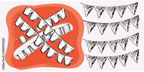 Sketch of a red shape containing banners with additional banner illustrations