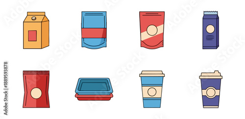 Assorted beverage and food containers illustration on black background
