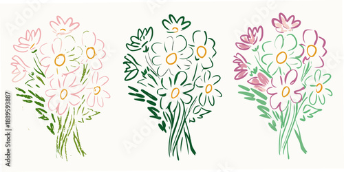 Stylized illustration of three colorful wildflower bouquets with delicate details