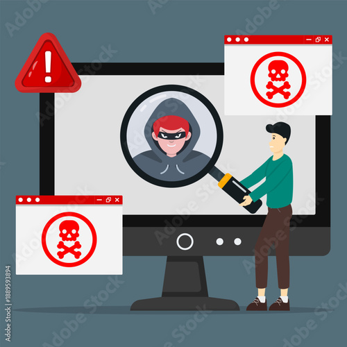 A man using magnifying glass to detecting hacker. Cyber attack concept with hacker identified, warning alerts and red skull symbol on computer screen.