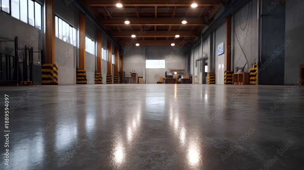 Naklejka premium Empty industrial warehouse interior with a polished concrete floor reflecting overhead lights