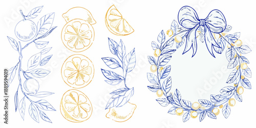 Delicate sketch of lemons foliage and a decorative bow wreath arrangement