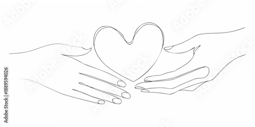 Hands gently cradling a heart shape in a minimalist line art style