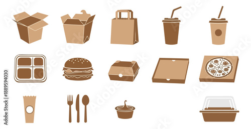 Assortment of delivery and takeout food containers and beverages