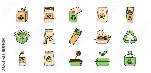 Eco friendly packaging and recycling icons set on black background