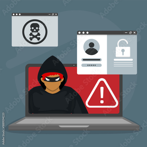 
Hooded hacker with red hair on laptop screen displaying warning sign, skull symbol, unlocked account, and phishing alert. Concept of hacker attack, malware infection, and cyber crime.