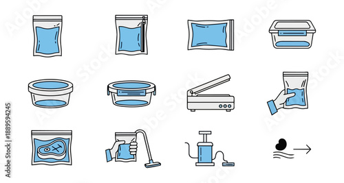 Food preservation methods icons set packaging and sealing illustrations