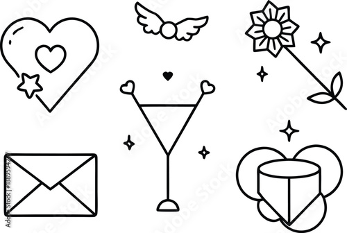 Set of cartoonish icons for love, celebration, and communication