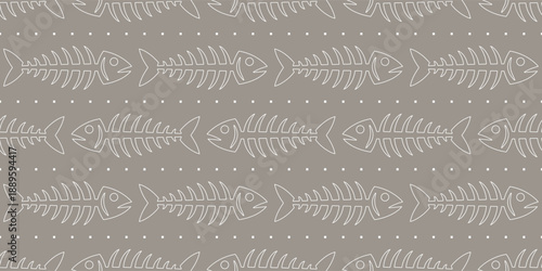 Seamless pattern of white fish bone outlines on a taupe background. Perfect for buff headwear, jersey fabric, sportswear, and trendy outdoor apparel design.