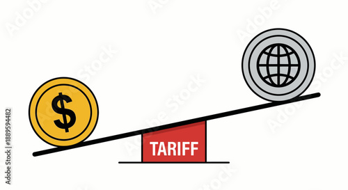 Global trade and dollar coin on tariff seesaw vector illustration