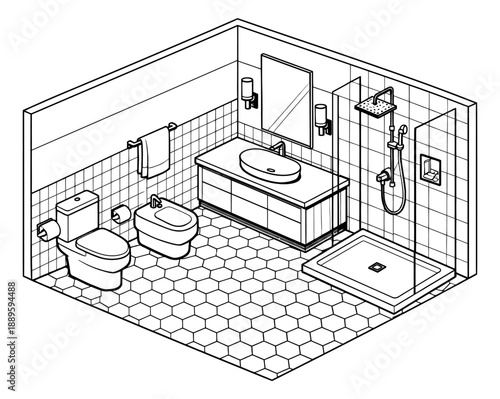 Isometric line art illustration of a modern bathroom interior depicting detailed furnishings and fixtures for home design and architecture concepts