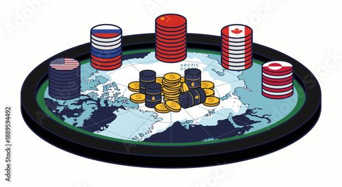 Geopolitical competition for Arctic resources gambling table vector illustration