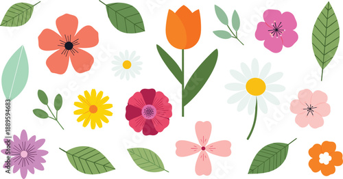 Colorful floral elements collection with flowers and leaves arranged in decorative set perfect for spring design botanical backgrounds and feminine creative projects flat vector illustration